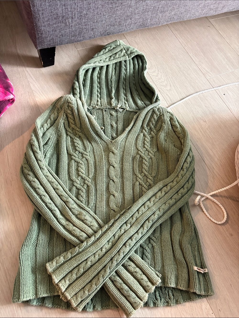 Green Cable-Knit Hooded Sweater